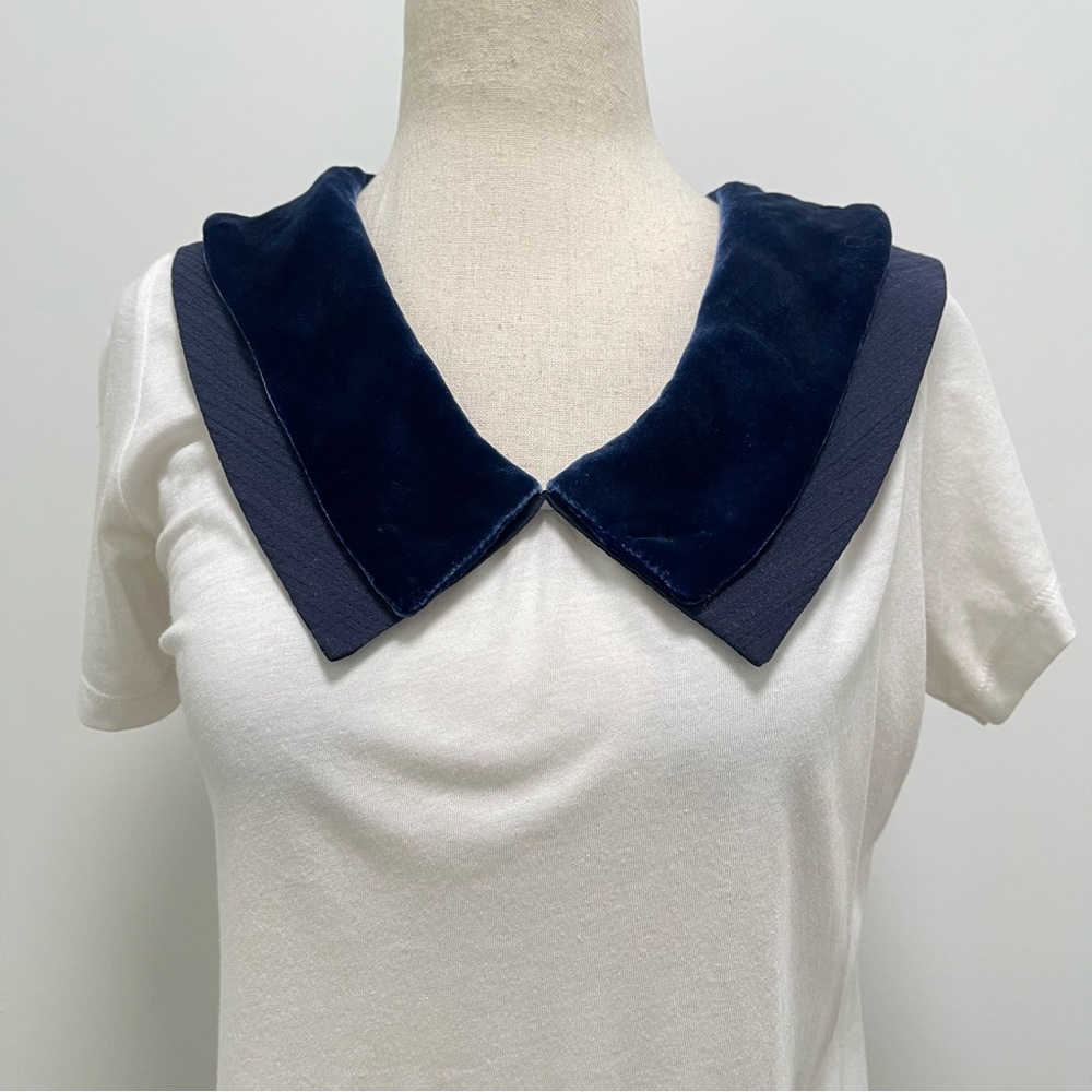 Joey Wolffer Reworked Blue Velvet Collared White T-Shirt Size Small - Picture 3 of 10
